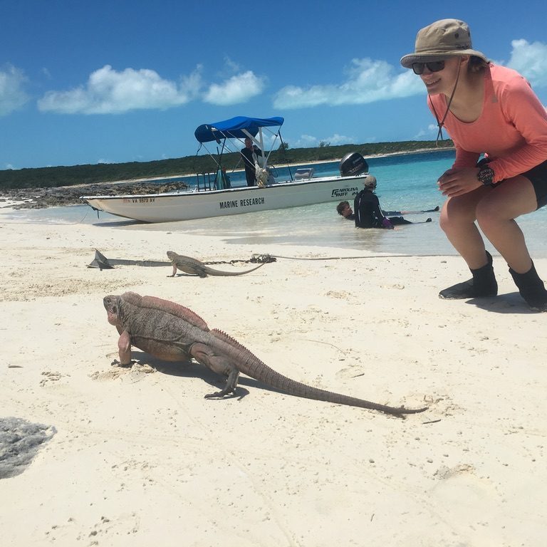 ODU undergrad Rhianne says hello to a friendly iguana